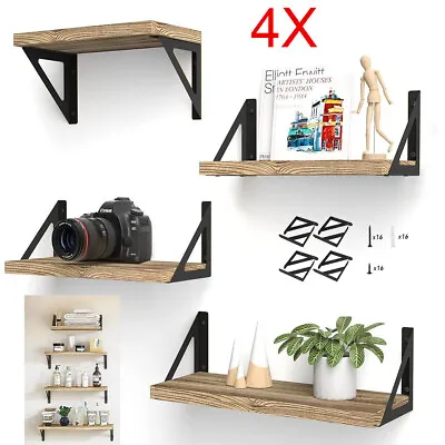 4PCS Wooden Floating Shelves Wall Mounted Display Storage Hold Rustic Industrial • £13.88