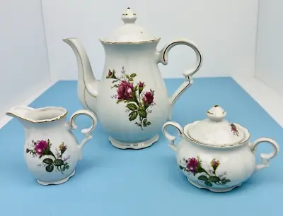 Vintage Moss Rose 3 Pc Coffee Tea Set Japan Tea Pot Sugar Creamer Set • $32.50