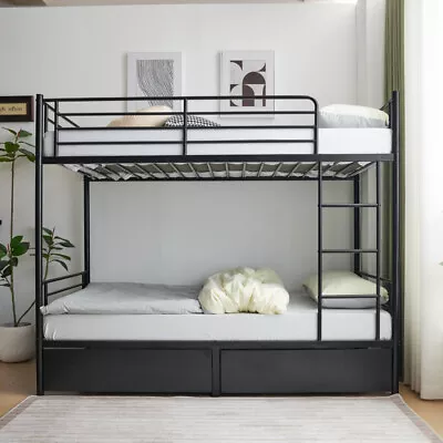 Twin Bunk Bed Frame 3Ft Single Loft Sleeper With Two Storage Drawer Ladder Black • £139.99