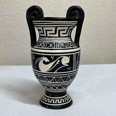 Vintage Hand Made In Greece Painted Greek Clay Pottery Mini Vase 5” Black White • $20