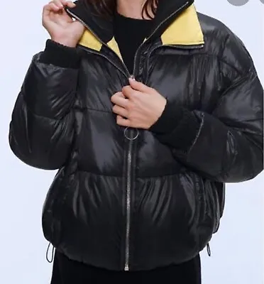$37.99 • Buy Zara Womens Size M Black Yellow Lined Long Sleeve Double Zip Puffer Jacket