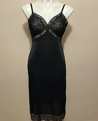 VTG Van Raalte Black Full Dress Slip Floral Lace Bust Hem Chemise Silky Nylon M • $20