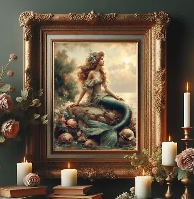 Mermaid Sitting Vintage Victorian Sea Shells Flowers Wall Painting Art Deco • $7.99