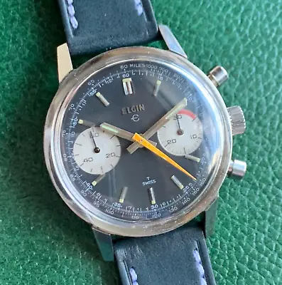 Vintage 60's Elgin Reverse Panda Vajoux 7733 Chronograph Stainless Steel Watch • $1050