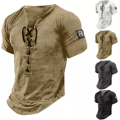 Mens Lace Up Muscle Slim Fit T-Shirt Short Sleeve Gym Sport Fitness Tee Tops US • $20.19