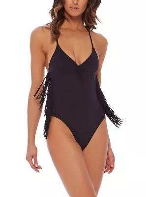 L*space Gypsy Fringe Detail V-neck One Piece Black Swimsuit Size 6~$180+ • $38.50