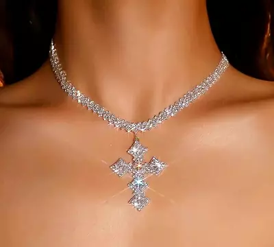 Luxury Multilayer Rhinestone Cross Pendant Necklace Silvery Neck Jewelry Women • $25.98