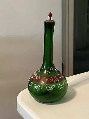 Antique Bohemian Green Glass Barber Bottle Handpainted Art Deco 7.5” • $48