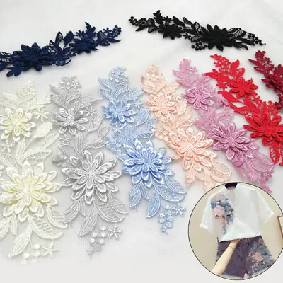 Pair Embroidery Lace Applique Trim Sewing Motif DIY Wedding Bridal Dress Patches • £3.35