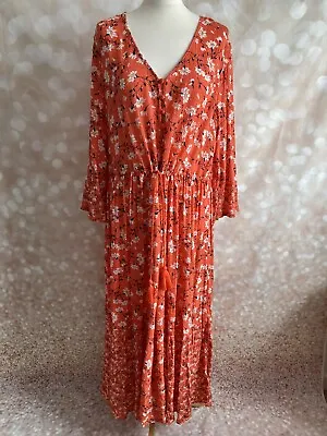 £30 • Buy M&s Floral Dress Size 14 Midi Orange Button Front Pullover Tie Waist Boho