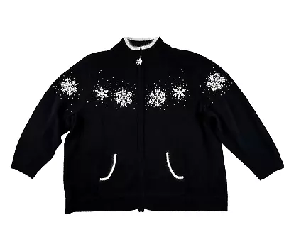 Quacker Factory Cardigan Sweater Plus Size Christmas Holiday Snowflakes Black • $26.24