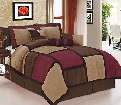 7 Pc Burgundy Brown & Beige Micro Suede Patchwork Full Queen King Comforter Set • $90