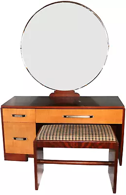 Mid-Century Vintage Tiger Maple & Blonde Veneer Mirrored Dressing Table W/ Bench • $659.95