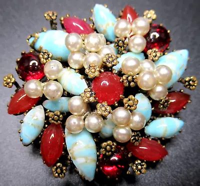 TRIAD Amazing Faux Pearl Carnelian & Turquoise Vintage Pin Brooch • $69.99