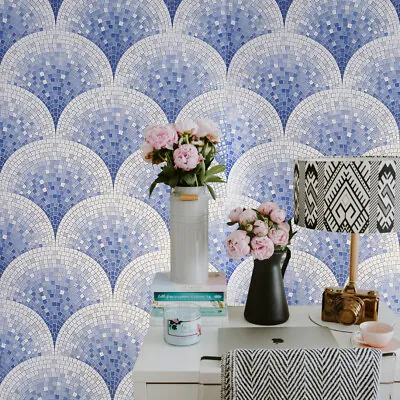 Gloss White Blue Faux Fish Scale Mosaic Tiles Wallcoverings Textured Wallpaper • $3.90