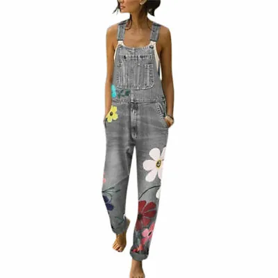 $48.19 • Buy Women Floral Denim Jumpsuit Pockets Long Pants Dungarees Playsuit Jeans Overalls