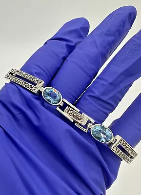 Beautiful Sterling Silver 925 Blue Topaz Marcasite Link Bracelet Vintage 7.5” • $74.99