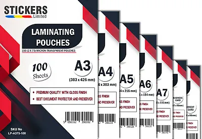 100 X Laminating Pouches - All Sizes  Premium Laminator Sheets Sleeves Pockets  • £6.99