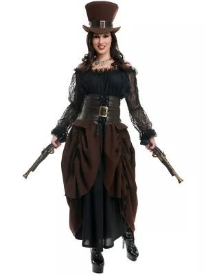 Victorian Steampunk Black Brown Full Length Dress With Top Hat S 5-7 • $88.98