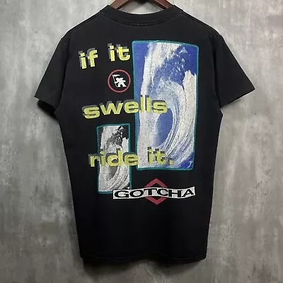 Vintage Gotcha Surfing Wave Skate Hawaii T Shirt • Medium • 90s Black Faded Tee • $29.99