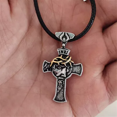 MENDEL Mens Stainless Steel Jesus Christ Face Crucifix Cross Pendant Necklace US • $6.99