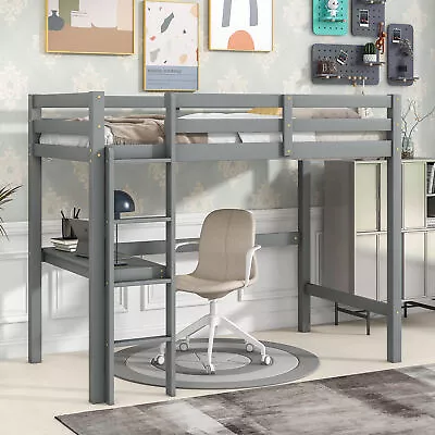 Modern Wooden Twin Size Loft Bed Frame With Built-in Desk And Ladder Grey NEW • $344.99