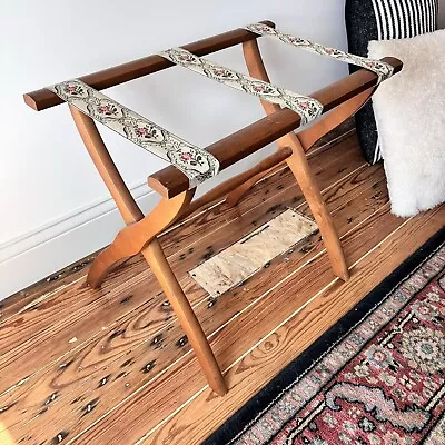 Vintage SCHEIBE Wooden Folding Luggage Suitcase Rack Stand Tapestry Straps • $75