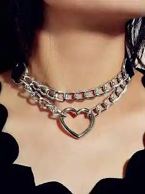 $2 • Buy Black Leather Silver Chain Heart Choker Necklace Gothic Steampunk