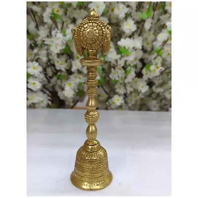 Brass Pooja Hand Bell Ghanti For Puja Engraved Brass Decor Shankh Chakra Bells • $86.99