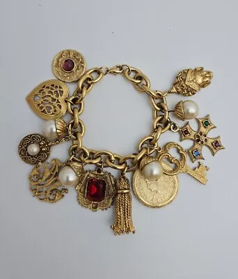 Vintage 1980s French Etruscan Couture Matte Gold Toned Charm Bracelet. Estate • $655.80