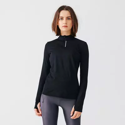 Women Long Sleeve Zipped Running Jersey T-Shirt Tee Top Warm Black Kalenji • £12.98