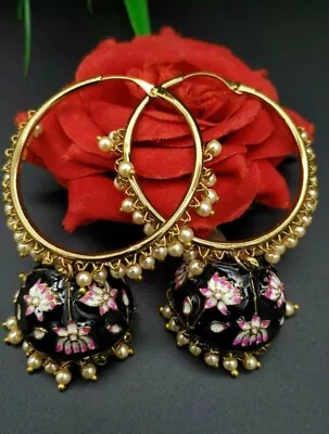 Indian Bollywood Style Enameled Pearl Jhumka Bali Black Earrings Jewelry Set • $33.31