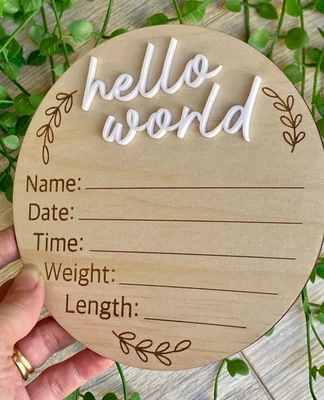 Birth Announcement Sign | Hello World Plaque | New Baby Sign | Hello World Sign • $22