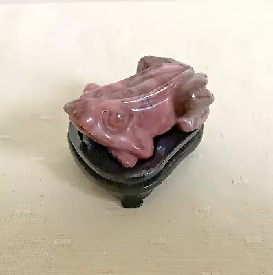 Chinese Pink Jade Frog Mottled 2.5  Ornament Hand Carved Wooden Stand • £10