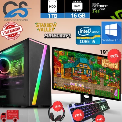 £274.99 • Buy Fast Gaming PC Computer Bundle Intel Core I5 16GB 1TB GT730 Windows 10 + 19  LED