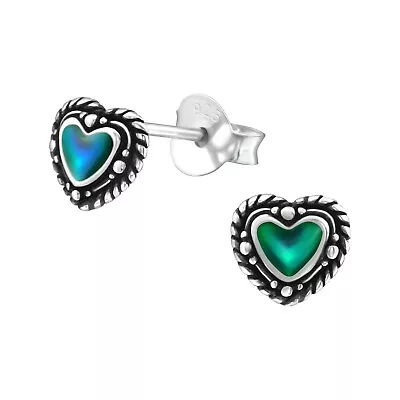 925 Sterling Silver Oxidised Heart Mood Colour Changing Stud Earring Blue Green • $7.72