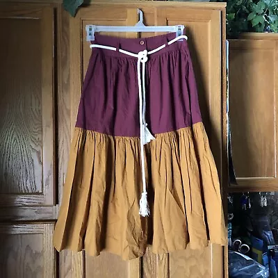 Vanessa Bruno 38 Neha Belted Two-Toned Cotton Skirt Red Button Front Tassels EXC • $75