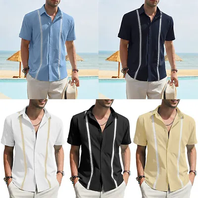 £4.43 • Buy Men's Short Sleeve Button-Up Casual Cuban Guayabera Beach Wedding Dress Shirt UK