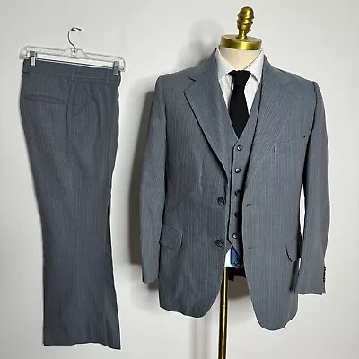 Vtg Custom Tailored 3 Piece Suit Mens Gray Stripe 40S 32W Great Gatsby • $109.99