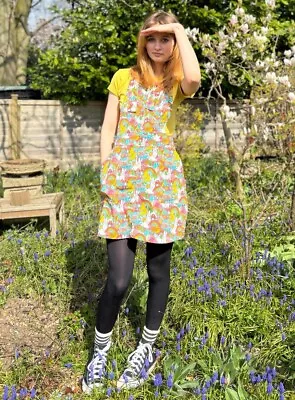 Womens Run & Fly Bunny  Stretch Pinafore Dress Rainbow Mushroom Retro Indie Cute • £36.99