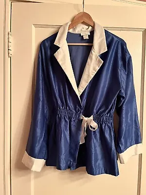 Barbizon Vintage Womens Tie Front Silky Blue White Short Robe Smoking Jacket S/M • $19.99