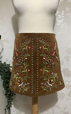 Zara Leather Skirt Embroidered Floral Mini Skirt Size XS 100 % Leather Suede 💖z • £19.99