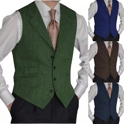 Mens Tweed Vest Vintage Western Cowboy Herringbone Wool Vests M Large XL XXL 3XL • $19.99