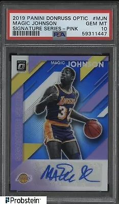 2019-20 Donruss Optic Pink Prizm Signature Series Magic Johnson AUTO /25 PSA 10 • $84