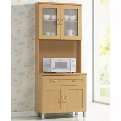 Hodedah Kitchen Cabinet With Top And Bottom Enclosed Cabinet Space In Beige Wood • $213.95