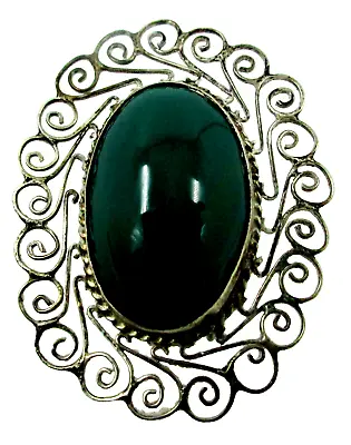Vintage Signed Mexico #28 Sterling Silver Green Stone Filigree Brooch Pendant • $29.99