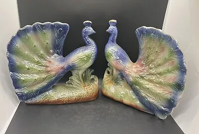 $55 • Buy Pair Of Vintage Ceramic Peacocks Beautiful Colors Lusterware