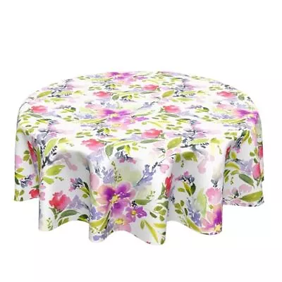 Spring Floral Tablecloth Round 60 Inch Colorful Flower Leaves Watercolor Floral • $30.06