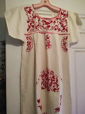 Vintage Mexican Embroidery Midi Dress Cotton Short Sleeves Slip Over Sz Med • $65