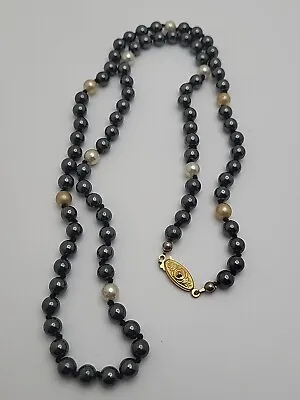 Vintage Knot Tied Hematite Faux Pearl 24  Bead Necklace • $16.50